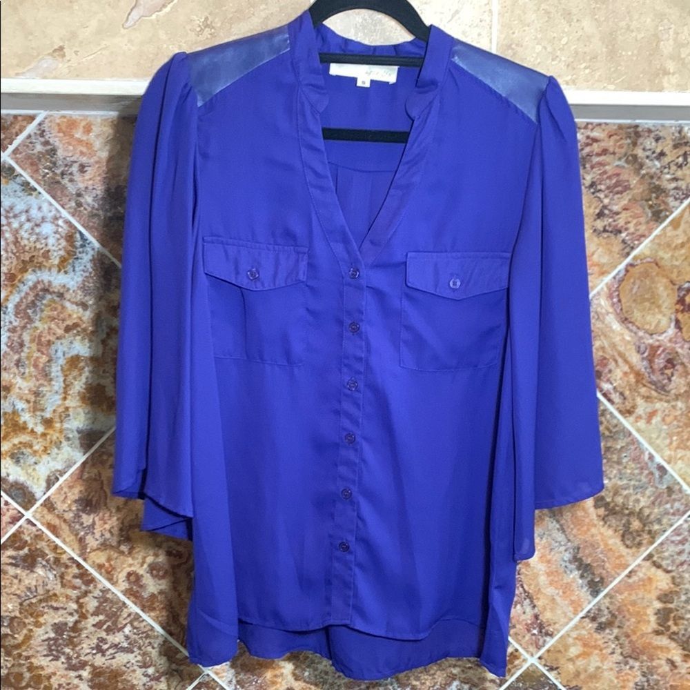 a.maglia Purple Blue Boxy Blouse Faux Leather Shoulders Bell Sleeve Size S